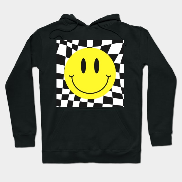 Checkered 70s 80s 90s Yellow Smile Face Cute Smiling Happy Hoodie by Peter smith